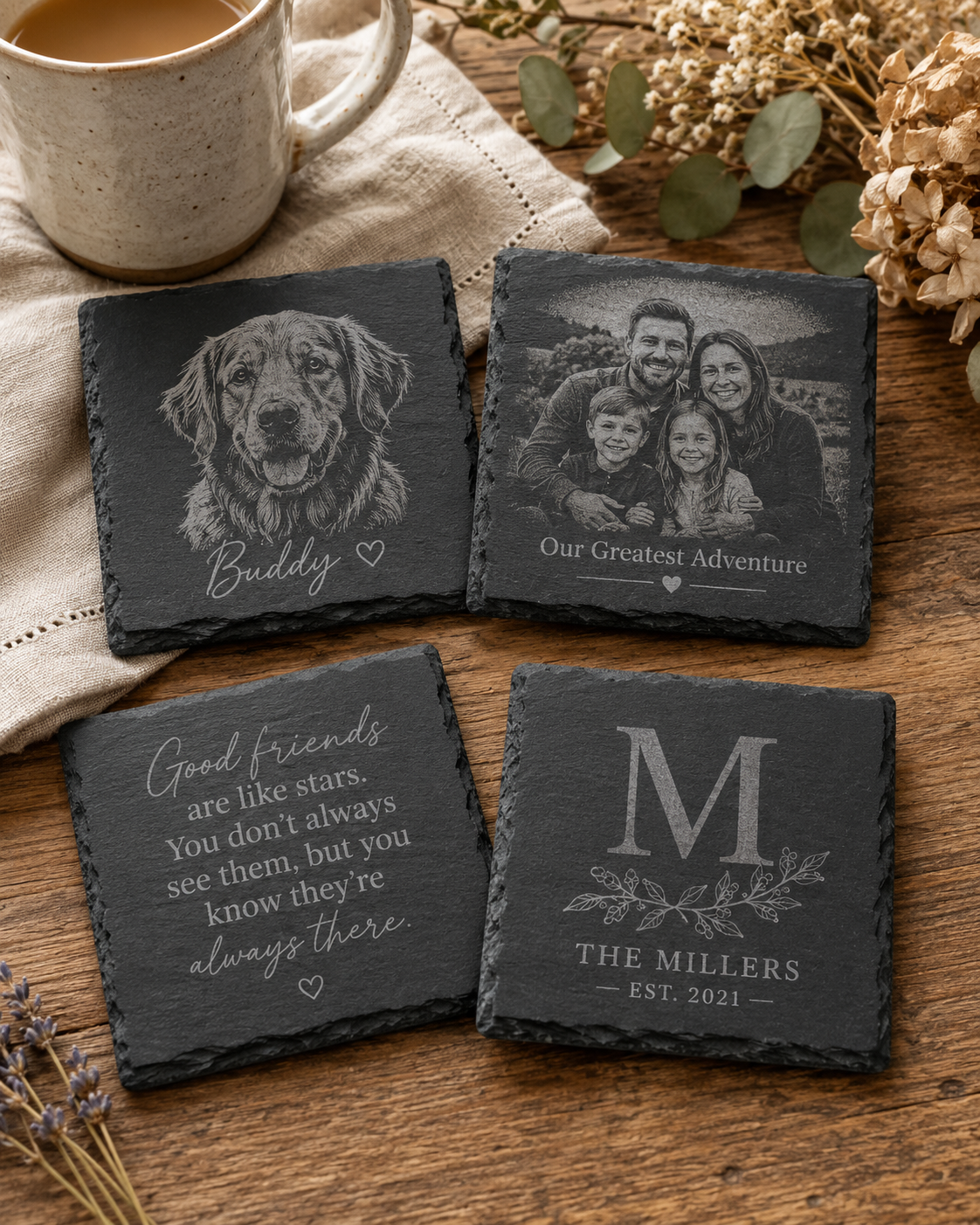 Personalised Highland slate coasters engraved with a pet photo, family photo, name and message