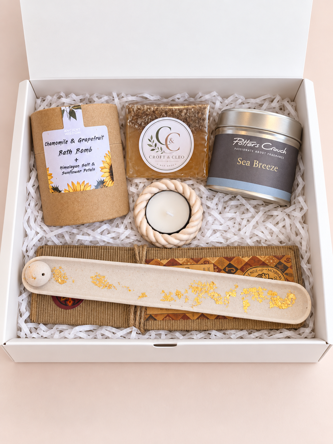 Relaxation gift hamper with candle, soap and incense