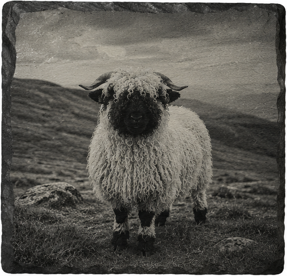 Valais Blacknose sheep engraved on a Highland slate coaster, standing in a misty Highland landscape