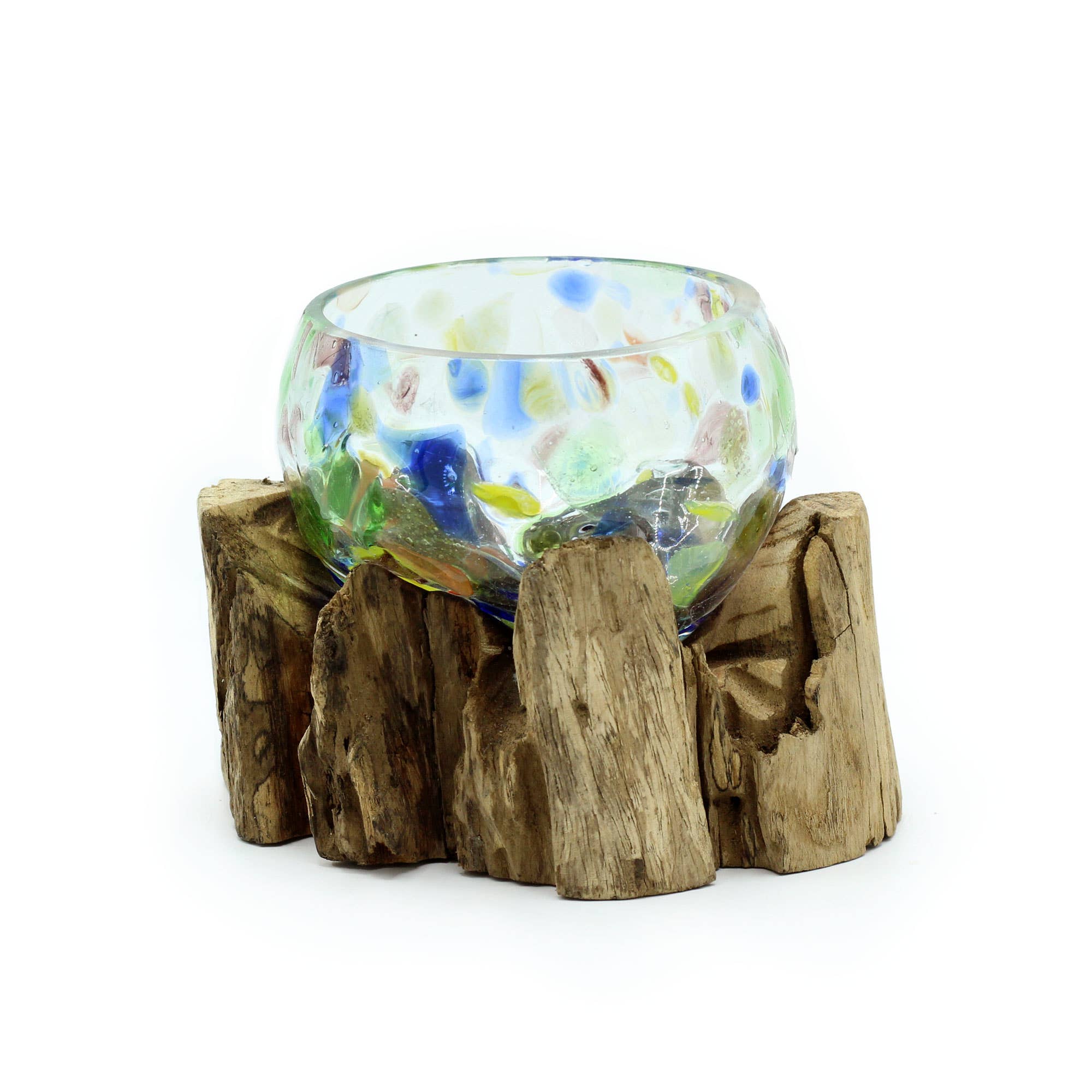 Small molten coloured glass bowl on natural wood base