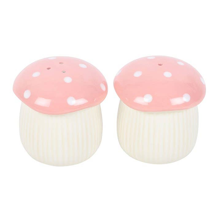 Close-up of pink mushroom salt and pepper shaker showing ceramic detail, Croft & Cleo