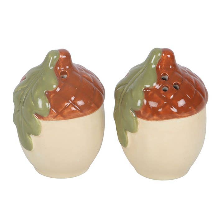 Ceramic acorn-shaped shaker set on kitchen surface, Croft & Cleo