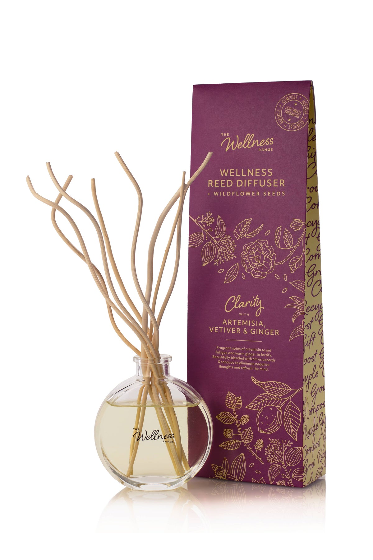 Clarity wellness reed diffuser with artemisia vetiver and ginger — purposeful fragrance bottle with reeds, Croft & Cleo