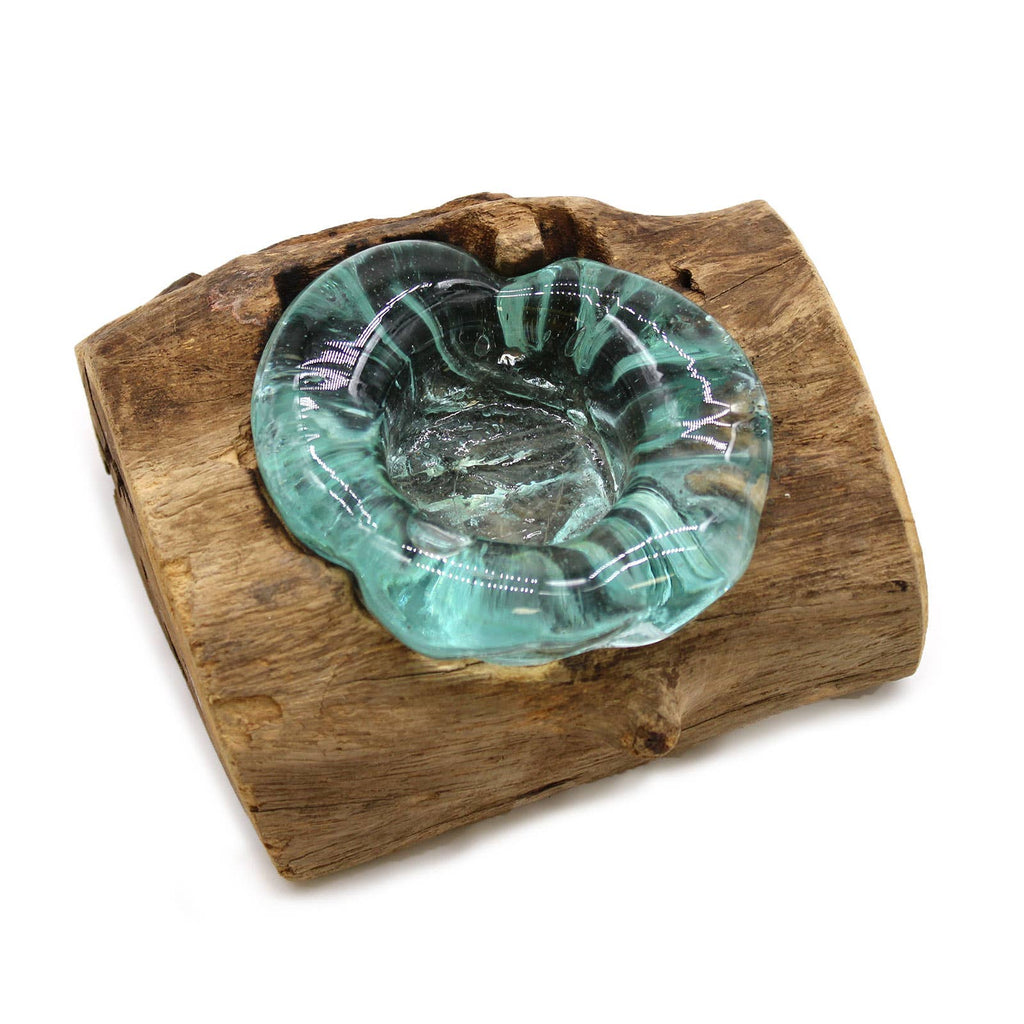 Molten glass single tealight holder on gamal wood base