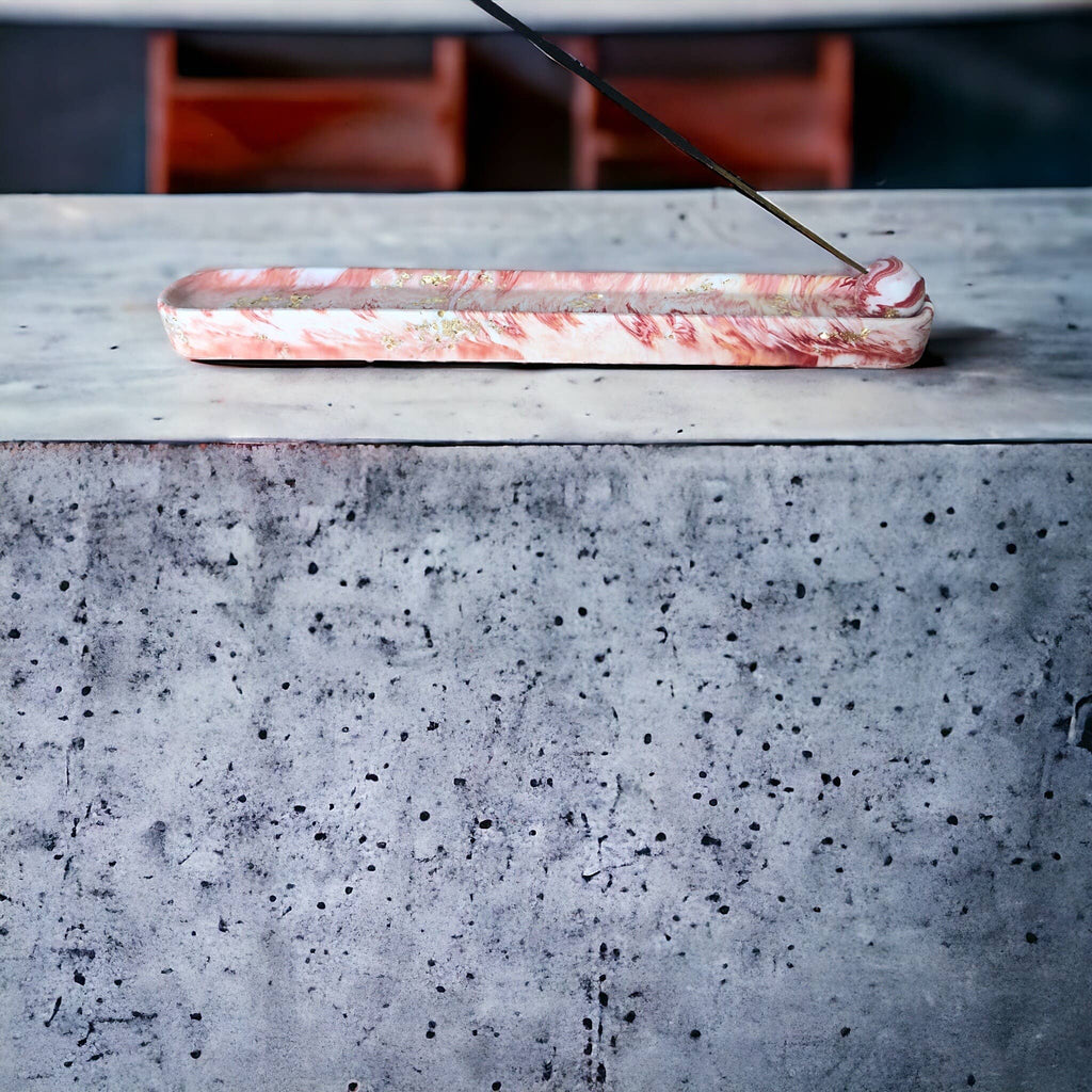 Jesmonite Orange Marble & Gold Leaf Incense Holder – alternate angle, Croft & Cleo