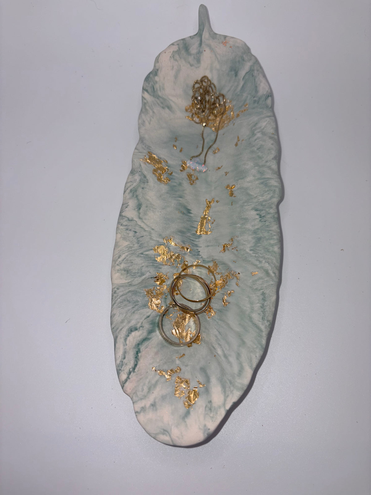 Jesmonite Marble & Gold Leaf Feather Ornament – styled lifestyle photo, Croft & Cleo