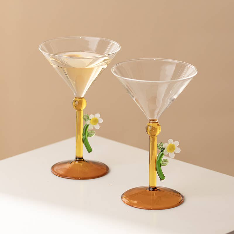 Daisy stem cocktail glass with 3D sculpted flower stem detail, Croft & Cleo