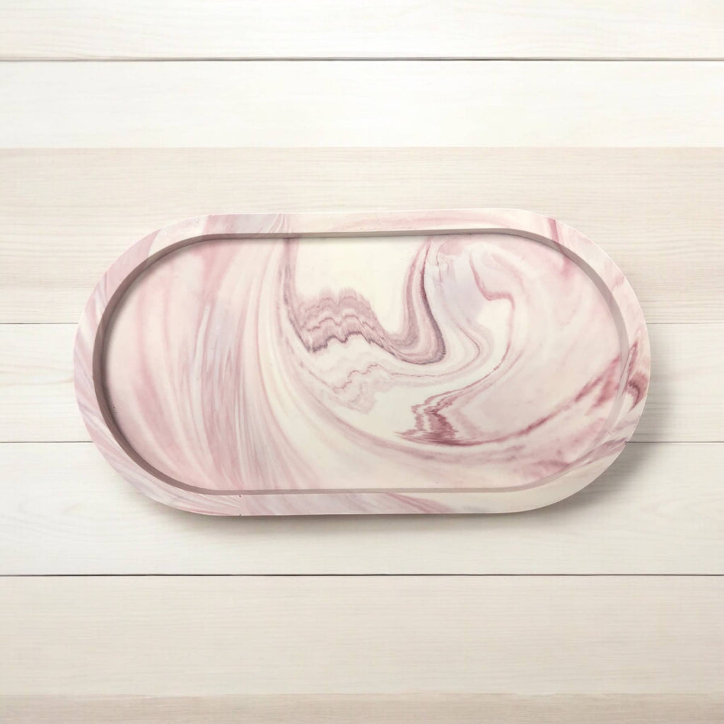 Handmade merlot marble Jesmonite oval tray — side view showing elegant shape, Croft & Cleo