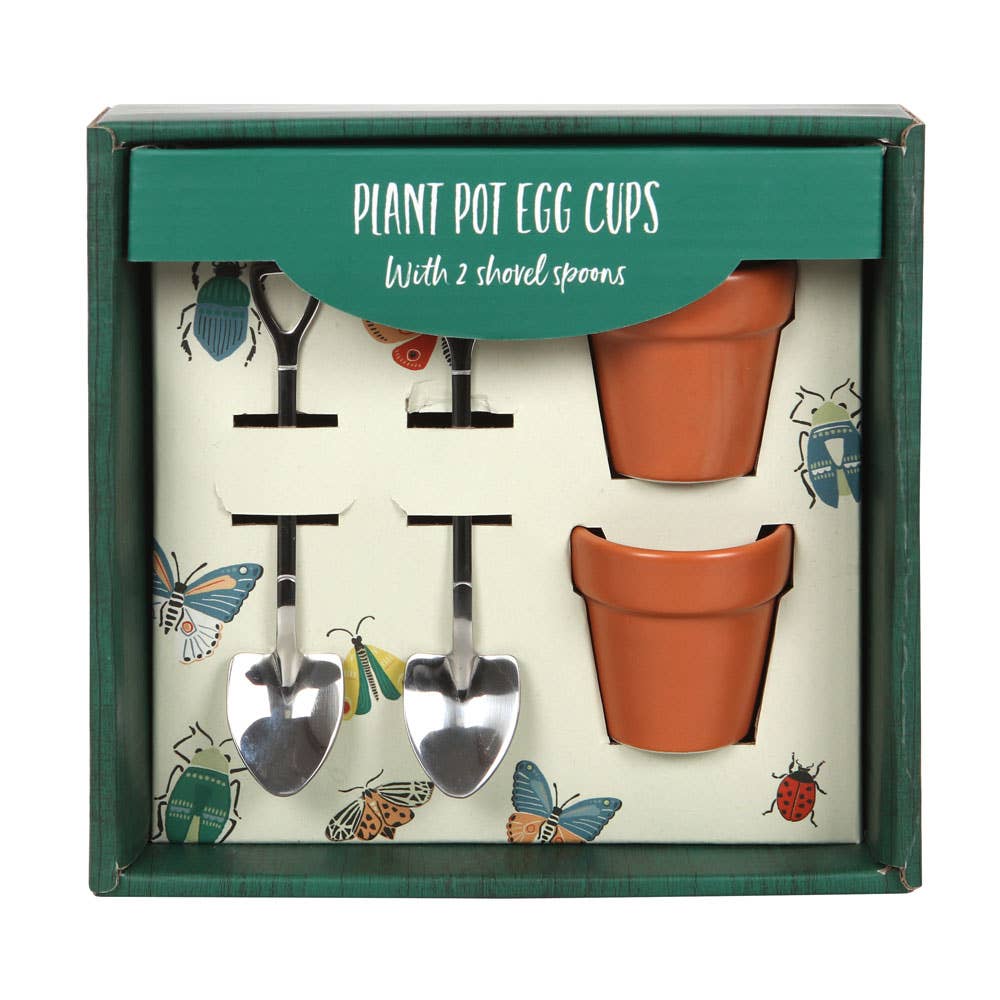 Plant pot egg cup set with shovel spoons, Croft & Cleo