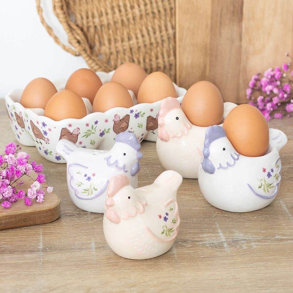 Country hen salt and pepper shaker set styled on a farmhouse kitchen table, Croft & Cleo
