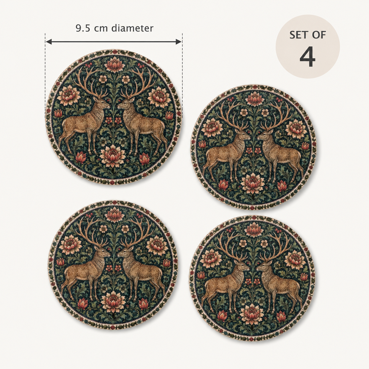 Four round decorative coasters with a William Morris-style deer and floral pattern, shown on a light gray background with a 9.5 cm diameter measurement marker and a 'SET OF 4' badge.