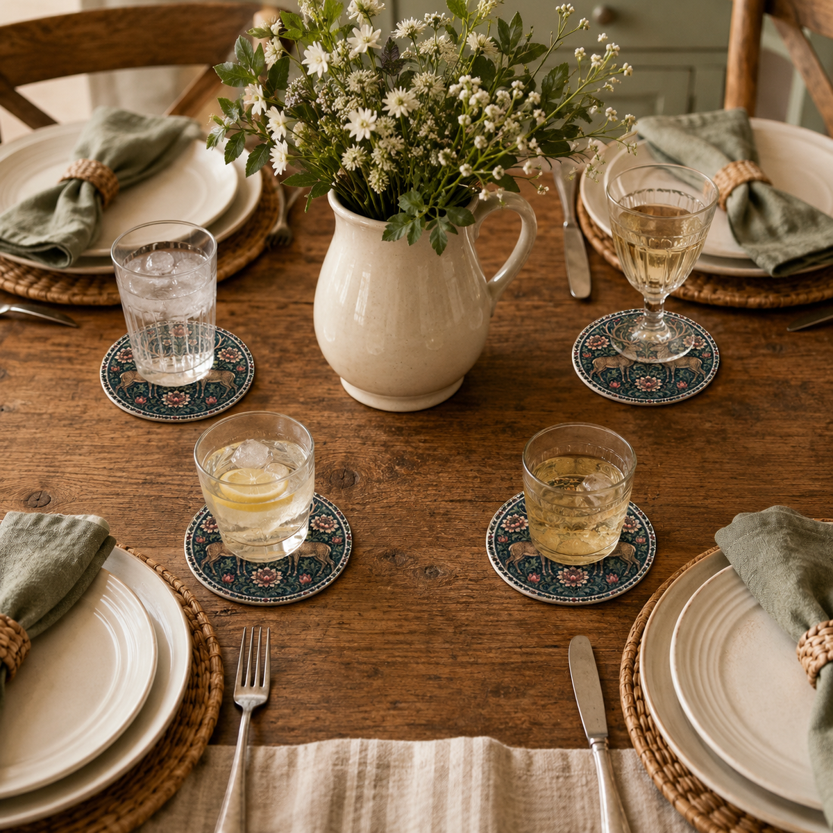 A styled dining table setting with white plates, woven placemats, sage green napkins, drinking glasses, and a cream pitcher filled with small white flowers on a wooden table.