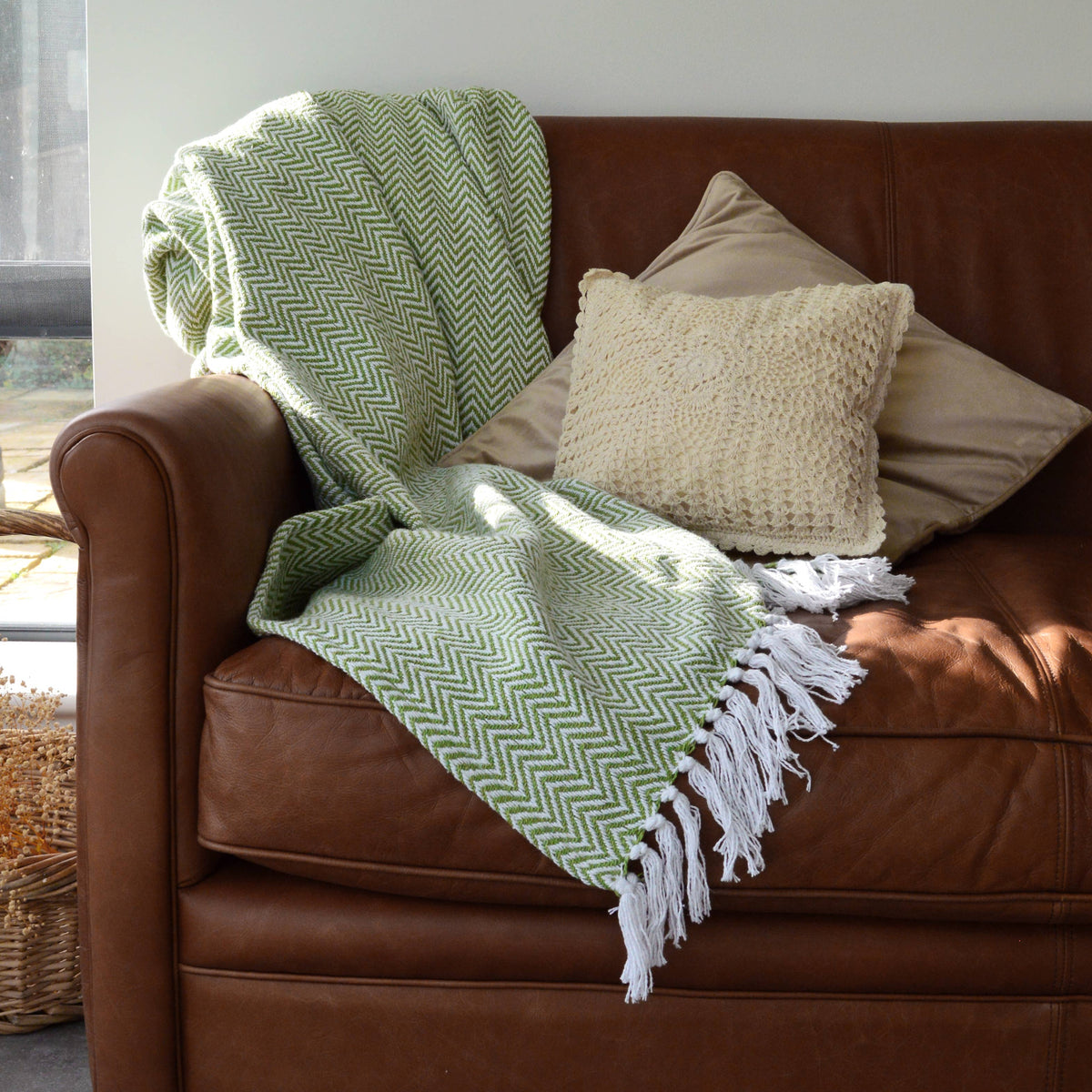 Moorland Herringbone Cotton Throw in Moss, folded neatly, Croft & Cleo