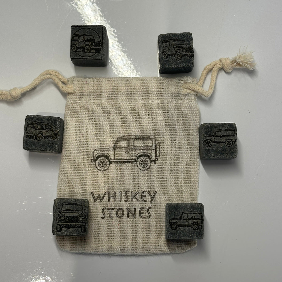 Granite Whiskey Stones, Set of 6, engraved Land Rover Defender design
