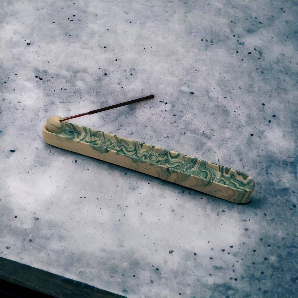 Jesmonite Green Marble Effect Incense Holder – close-up detail, Croft & Cleo