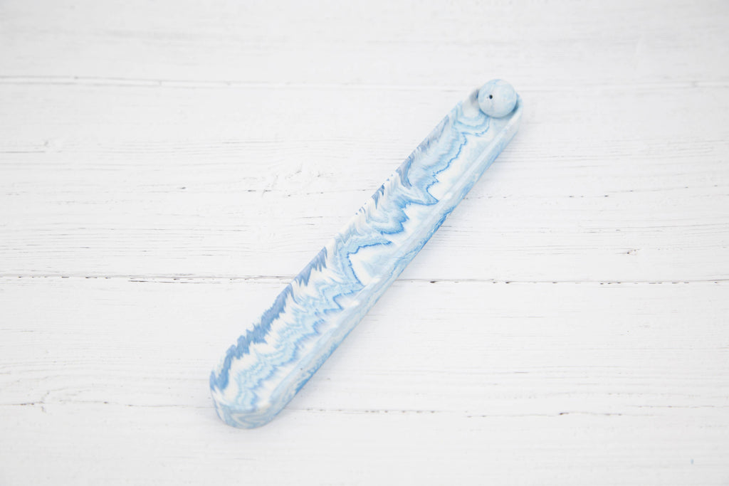 Incense Holder & Incense Bundle in use, blue marble holder with burning incense stick, Croft & Cleo