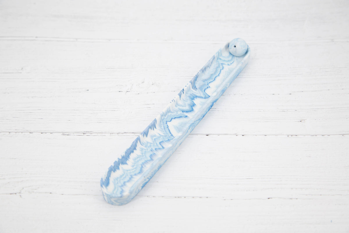 Incense Holder & Incense Bundle in use, blue marble holder with burning incense stick, Croft & Cleo