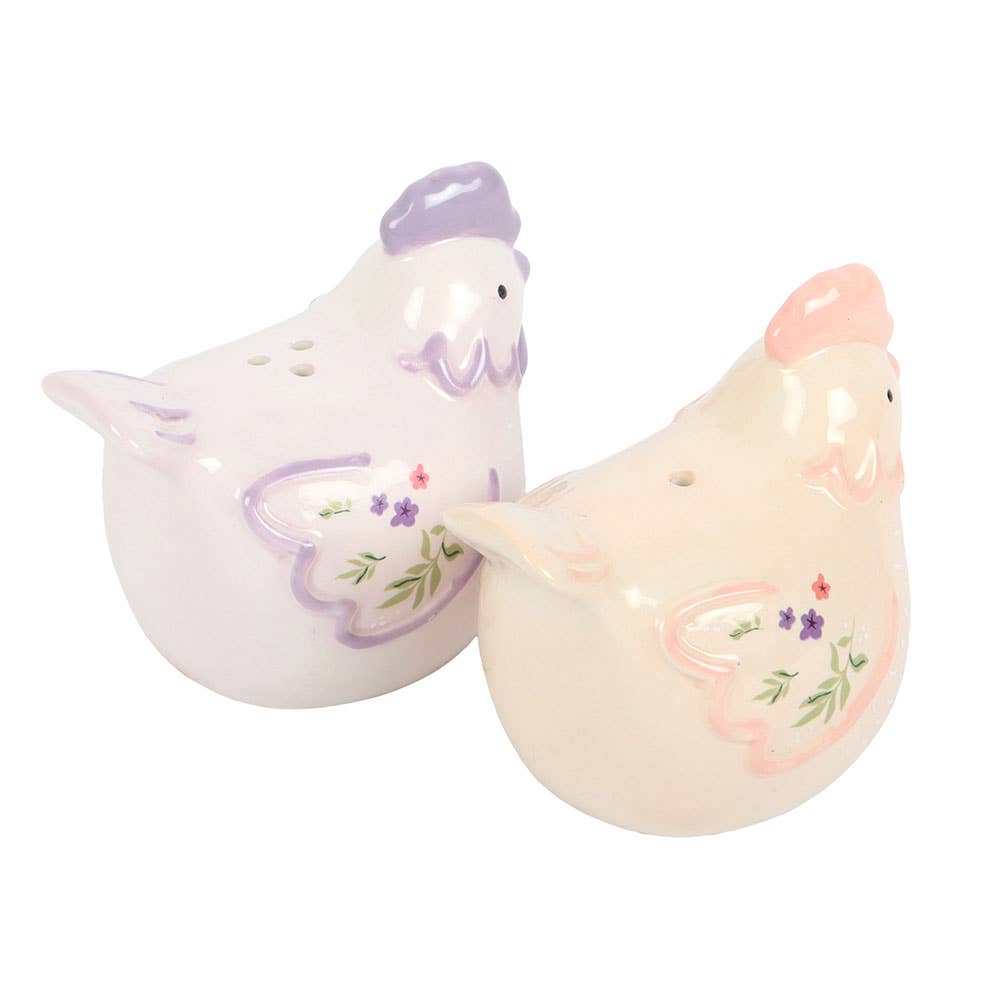 Floral hen salt and pepper shakers shown together from above, Croft & Cleo