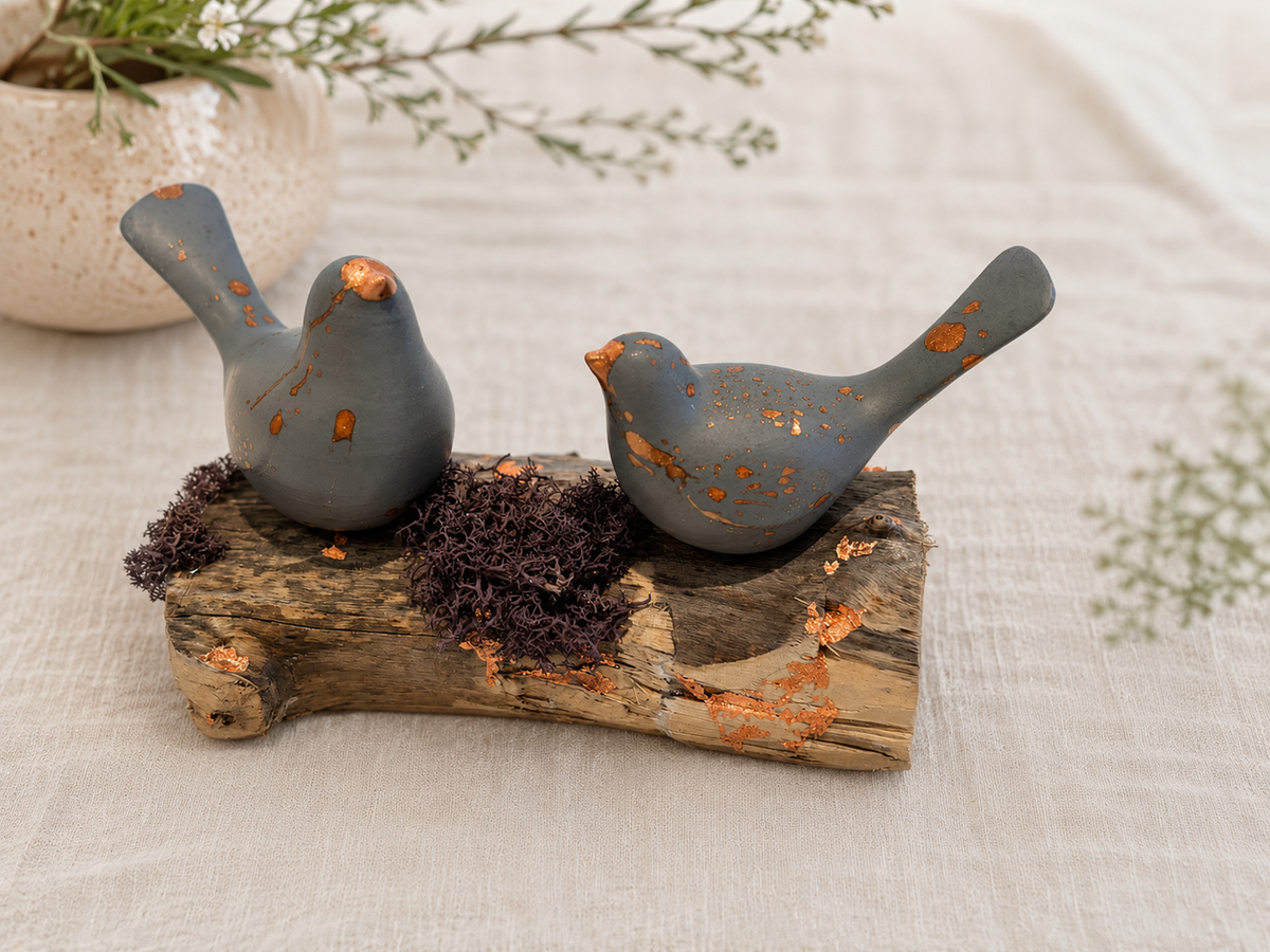 Copper-leafed jesmonite bird sculpture on driftwood — one of a kind, Dew & Heather, Croft & Cleo