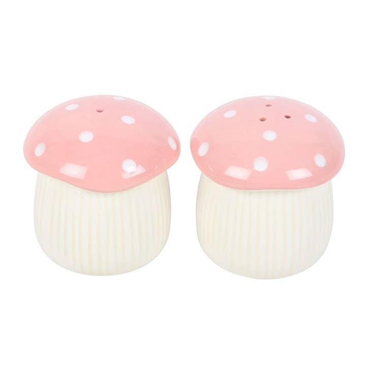 Ceramic pink mushroom shaker set on kitchen surface, Croft & Cleo