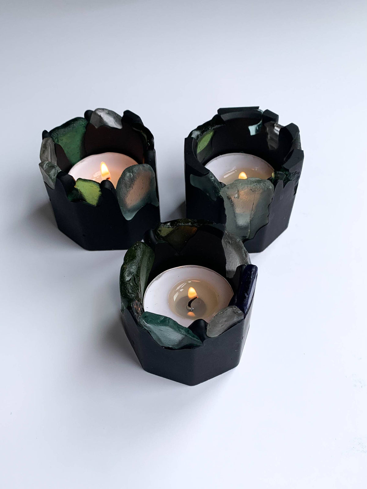 Sea glass candle holder, handcrafted Scottish jesmonite, Croft & Cleo