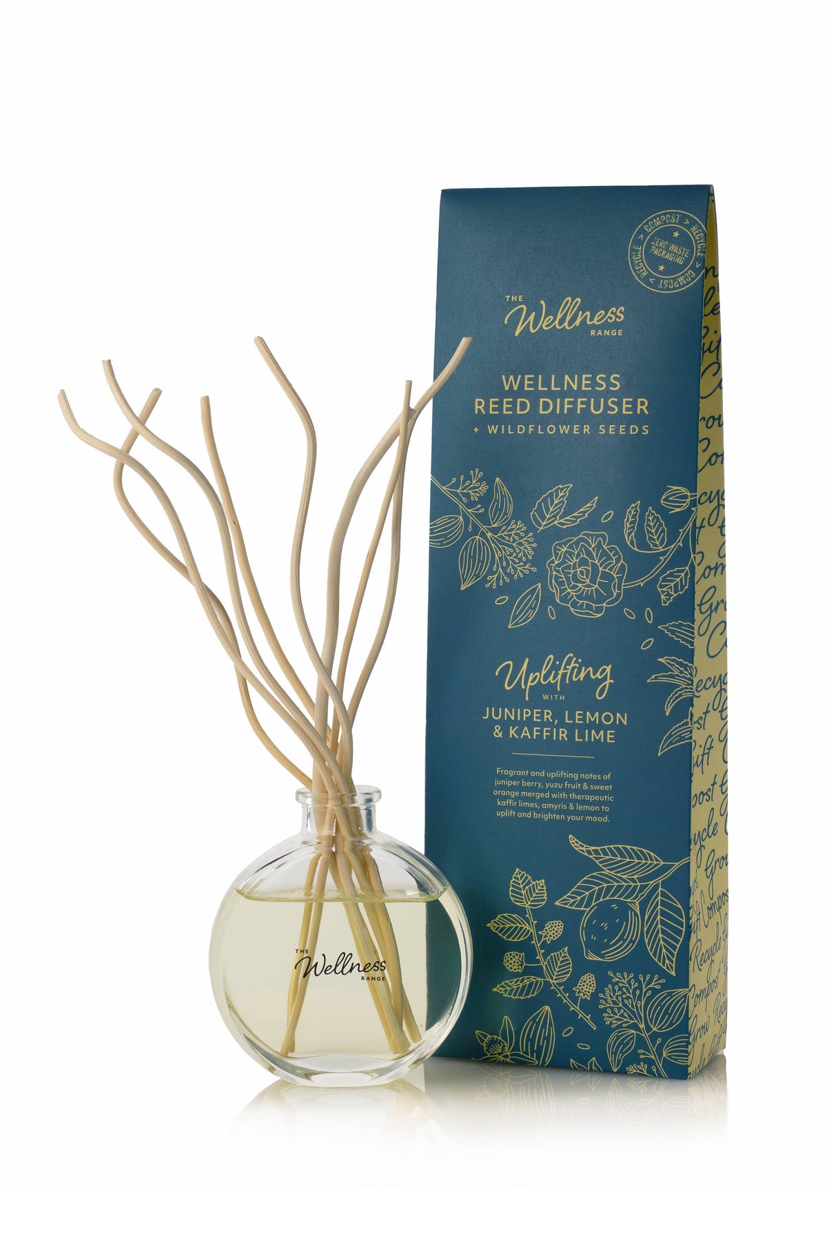 Uplifting wellness reed diffuser with juniper lemon and kaffir lime — bright energising bottle with reeds, Croft & Cleo