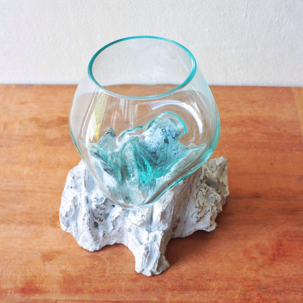 Molten glass large bowl on whitewash wood — organic naturally formed shape
