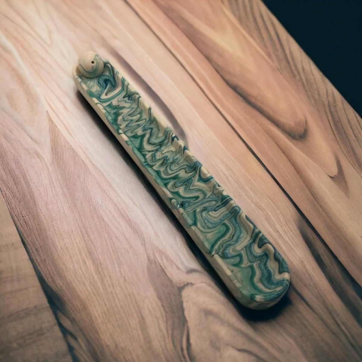 Jesmonite Green Marble Effect Incense Holder – styled lifestyle photo, Croft & Cleo