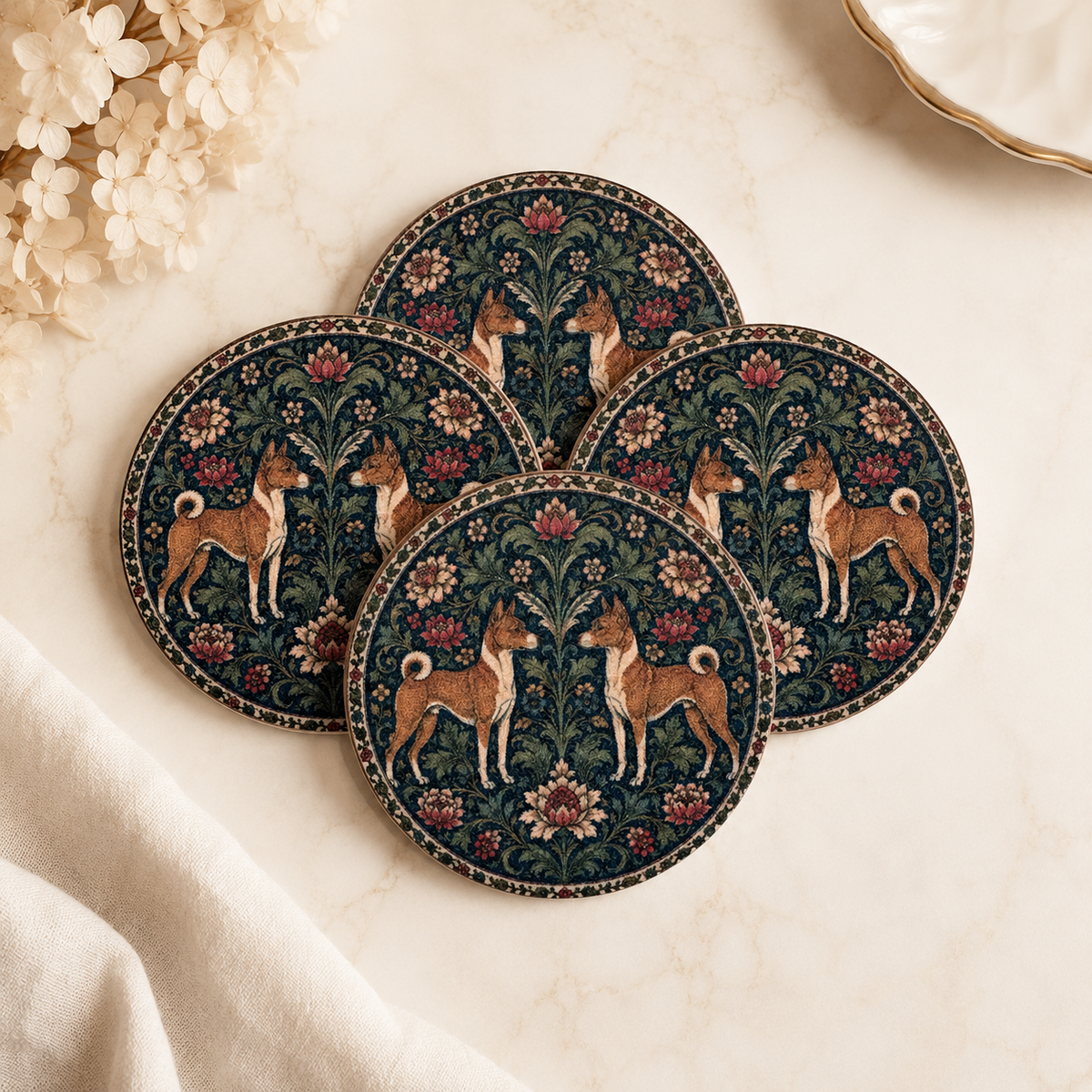 Basenji Dog William Morris Style Jesmonite Coasters – close-up detail, Croft & Cleo