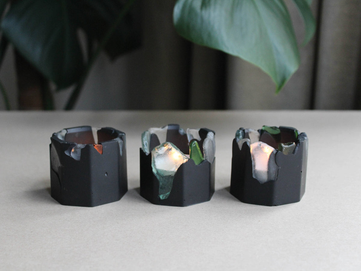Sea glass candle holder, handcrafted Scottish jesmonite, Croft & Cleo