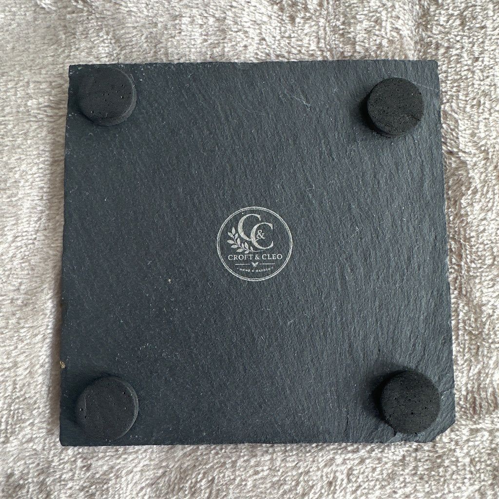 Highland Farmhouse Gift Basenji Dog Slate Coasters – styled lifestyle photo, Croft & Cleo