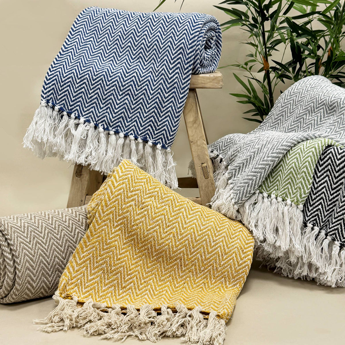 Moorland Herringbone Cotton Throw in Moss, draped and styled at home, Croft & Cleo