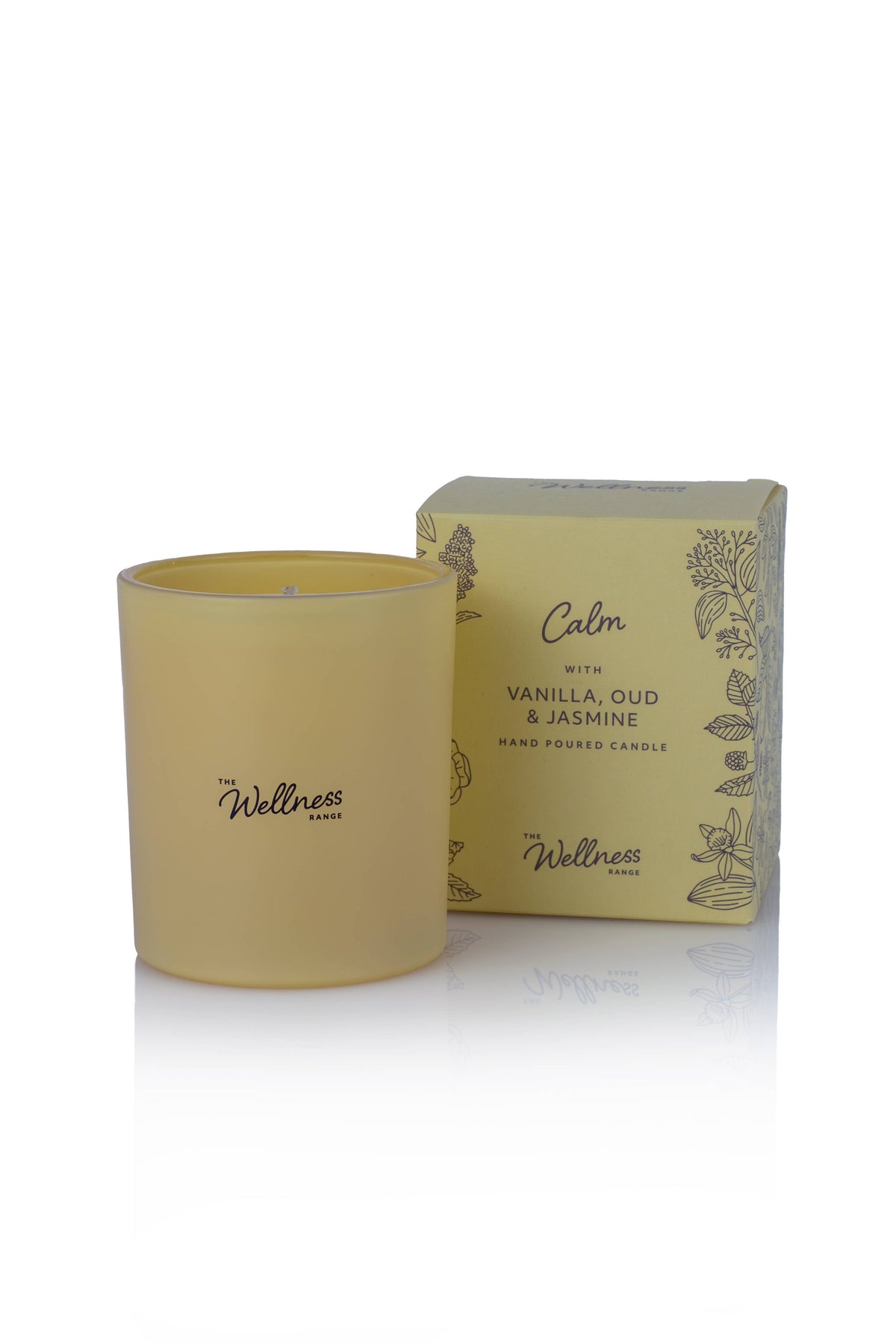 Calm wellness glass candle with vanilla oud and jasmine — warm comforting vessel, Croft & Cleo