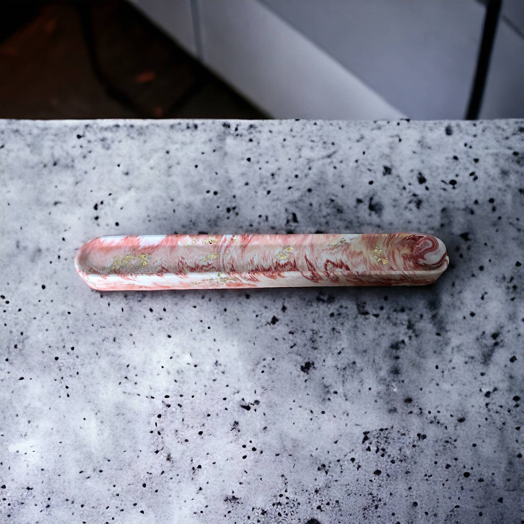 Jesmonite Orange Marble & Gold Leaf Incense Holder – styled lifestyle photo, Croft & Cleo