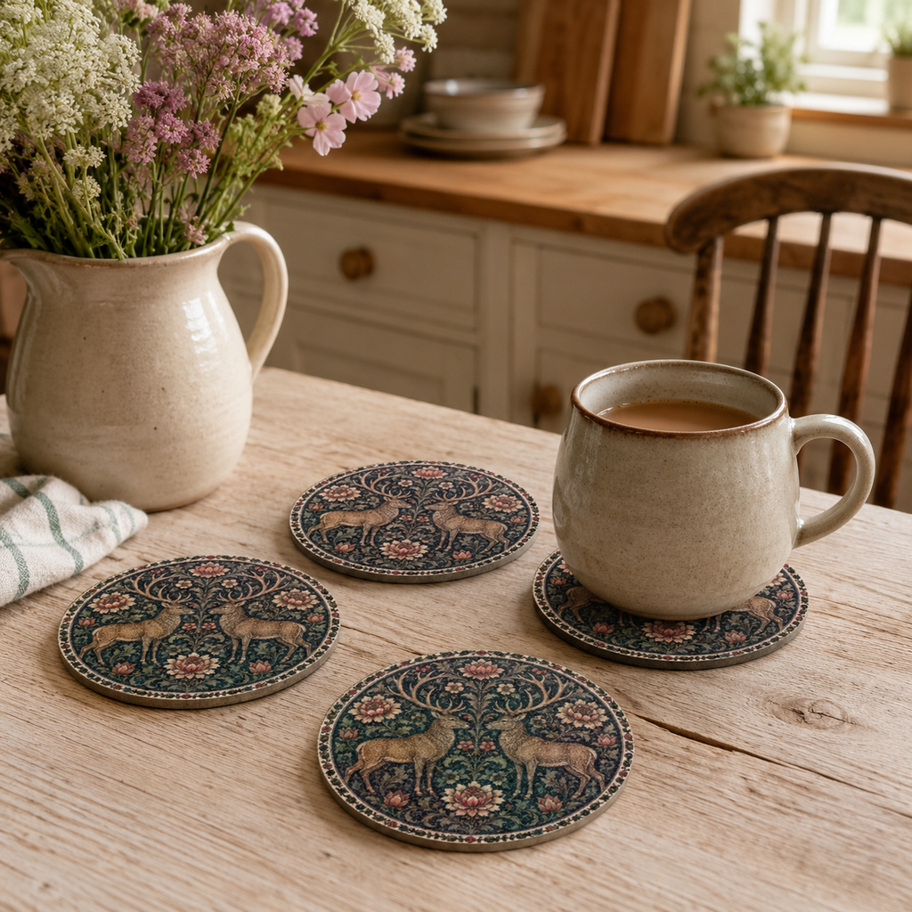 Highland Stag William Morris Style Jesmonite Coasters – close-up detail, Croft & Cleo
