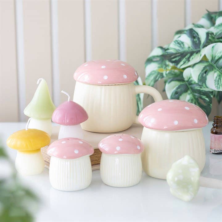 Blush mushroom salt and pepper shaker set styled on a kitchen table, Croft & Cleo