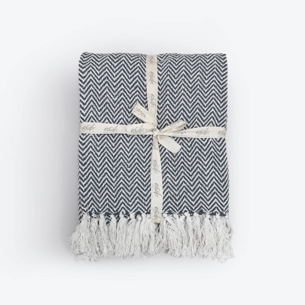 Moorland Herringbone Cotton Throw in Moss, full length view, Croft & Cleo