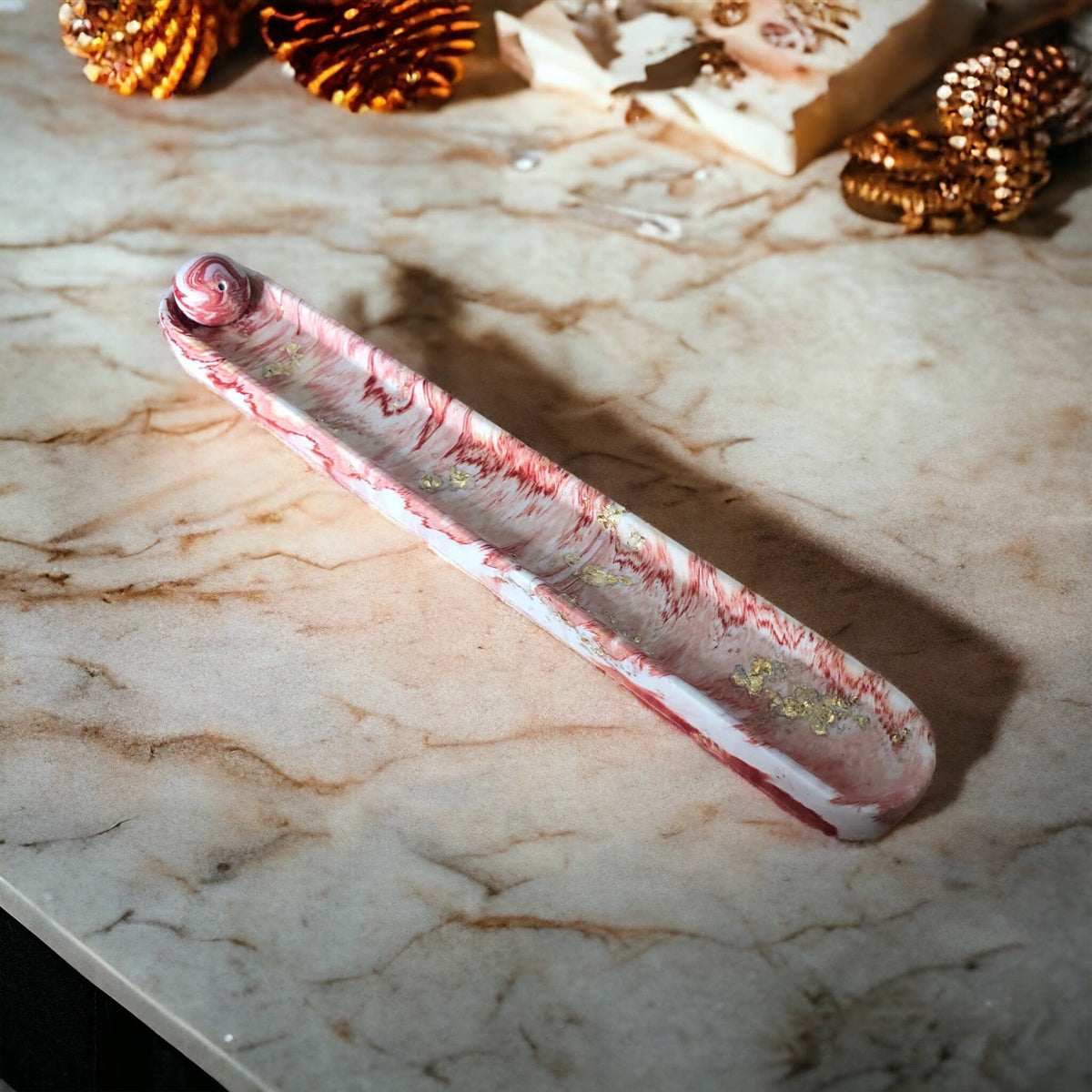 Jesmonite Orange Marble & Gold Leaf Incense Holder – size and scale reference, Croft & Cleo