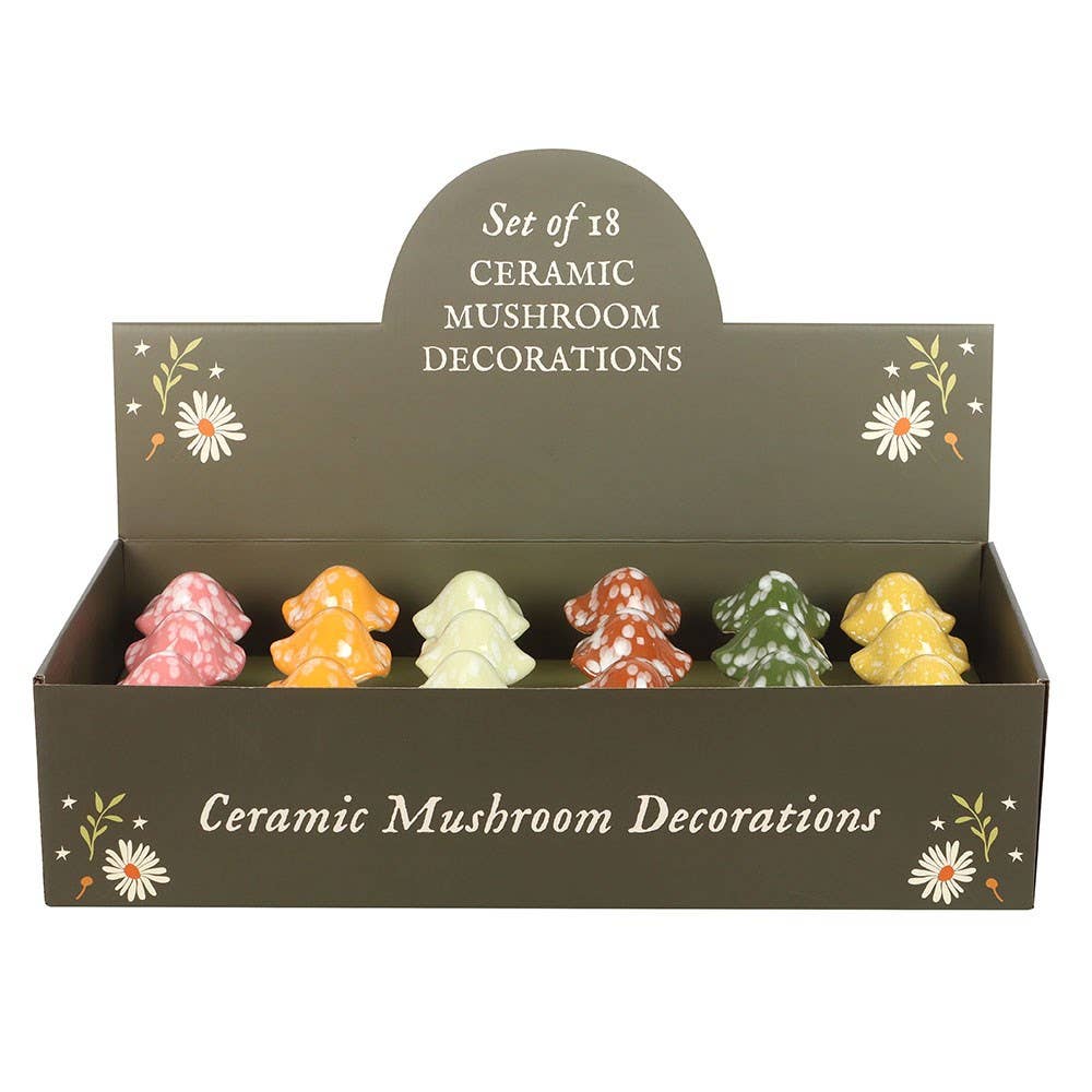 Set of 18 Ceramic Mushroom Decorations in Display