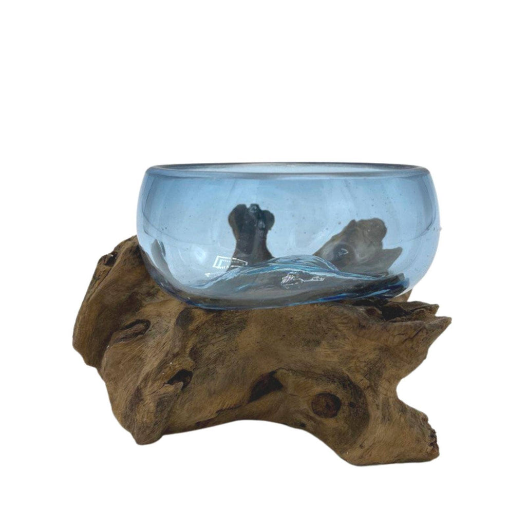Molten glass mini blue bowl — deep blue pooled glass on wood, naturally formed