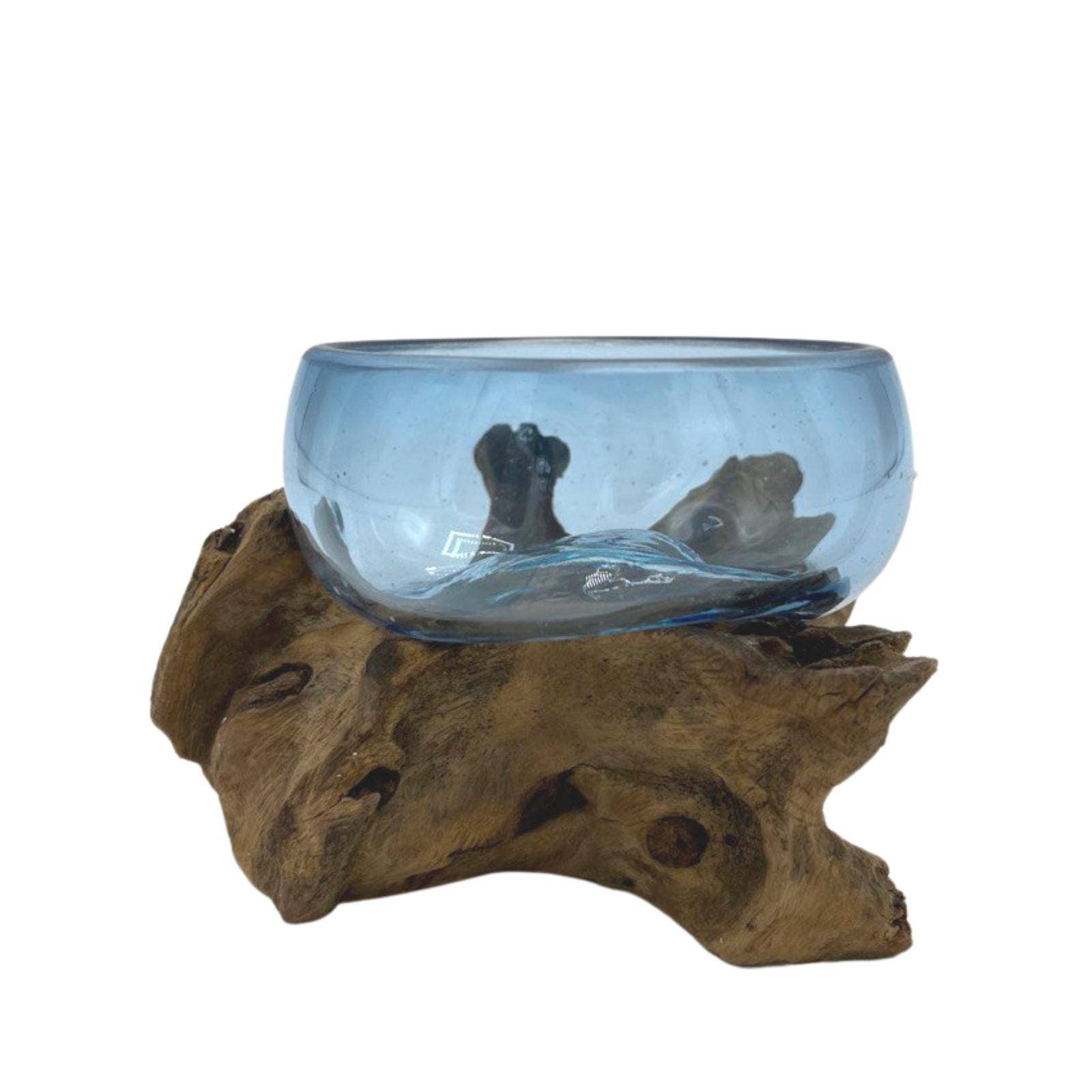 Molten glass mini blue bowl — deep blue pooled glass on wood, naturally formed