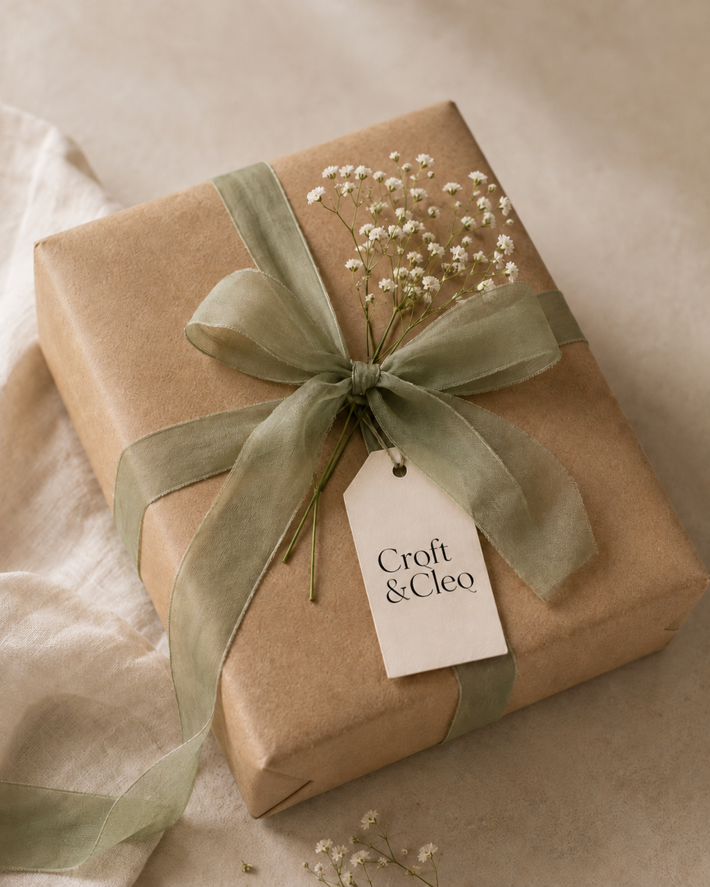 Croft & Cleo gift wrapping — kraft paper parcel with sage ribbon and dried gypsophila