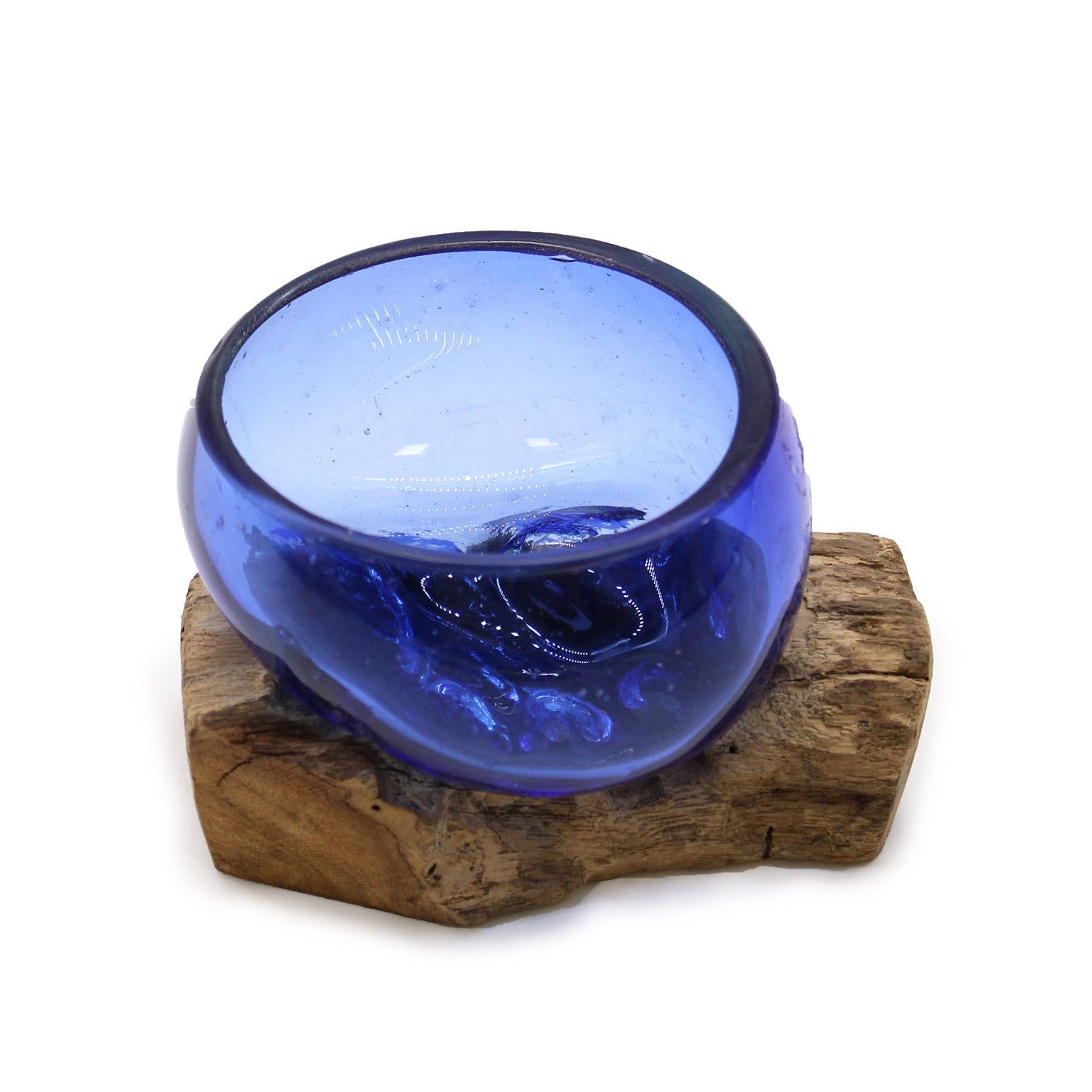 Close-up of mini blue glass bowl showing depth and luminosity of colour