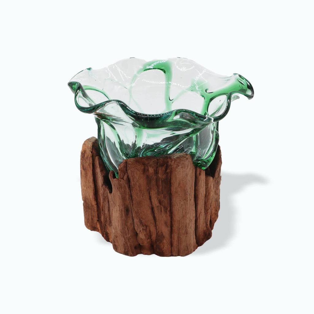 Artisan recycled glass bowl on natural wood base — handmade from recycled glass, deep green, Croft & Cleo