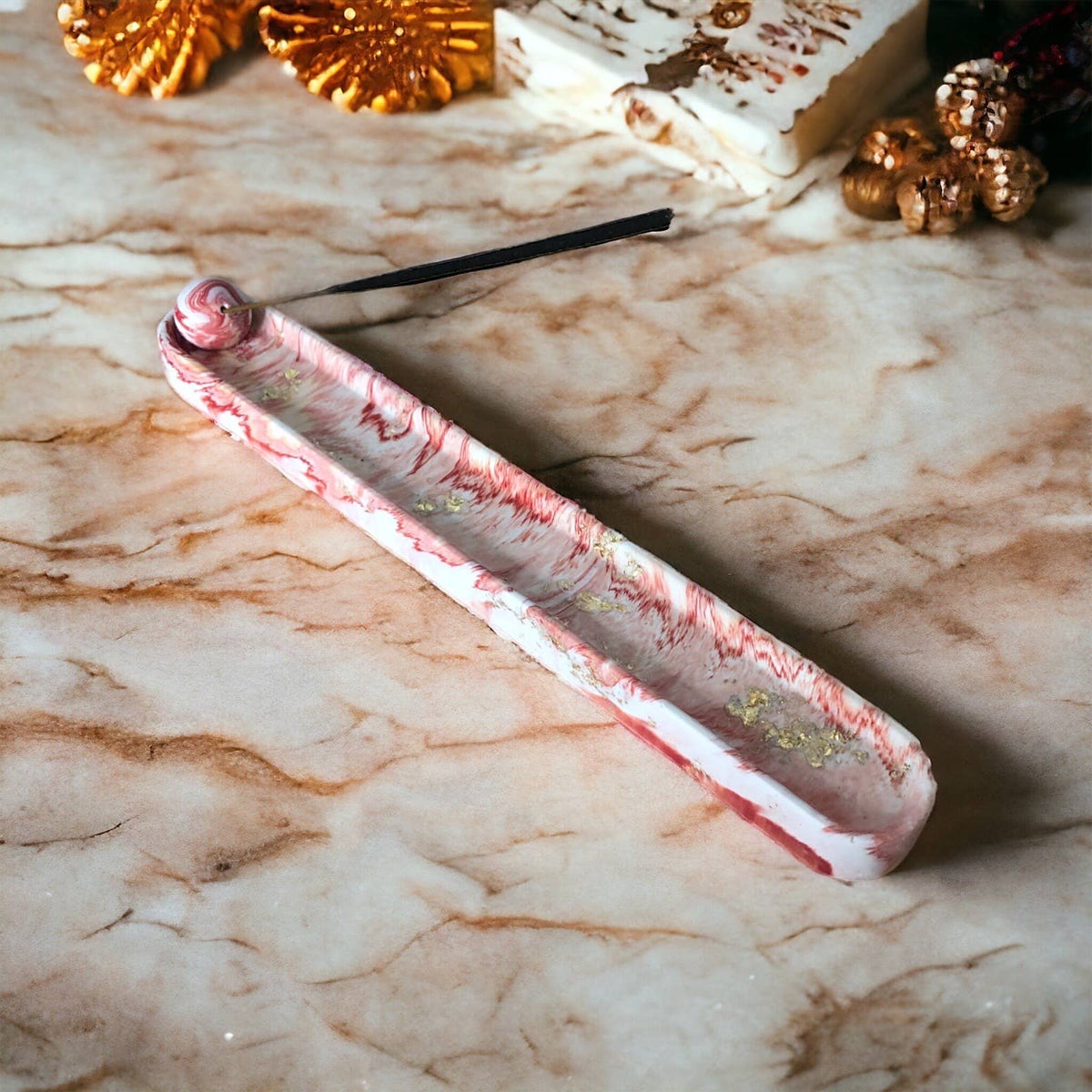 Incense Holder & Incense Bundle, Orange Marble & Gold Leaf jesmonite holder, Croft & Cleo