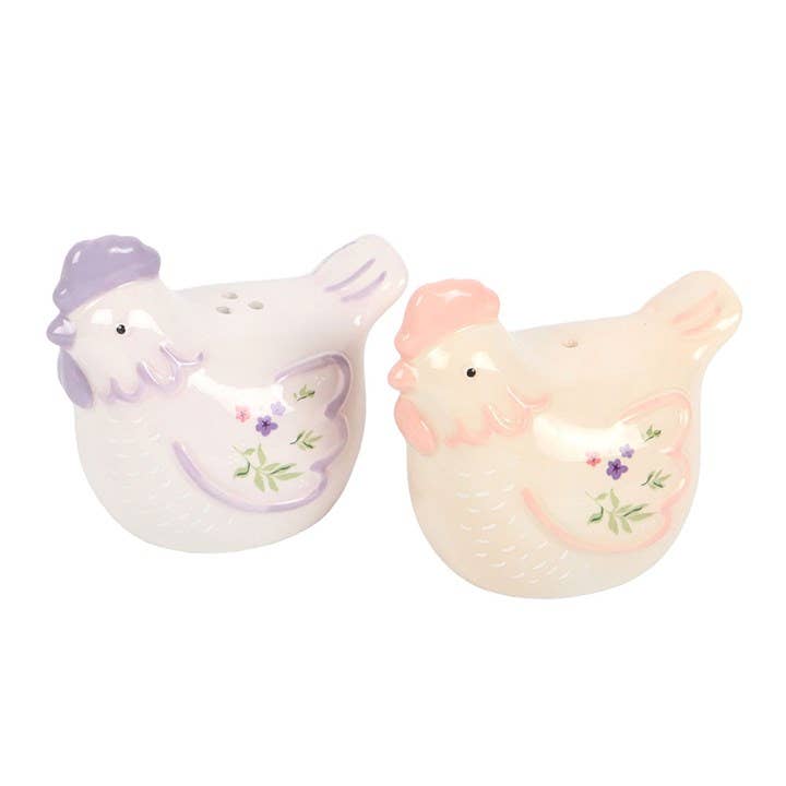 Pastel ceramic hen shaker pair on kitchen surface, Croft & Cleo