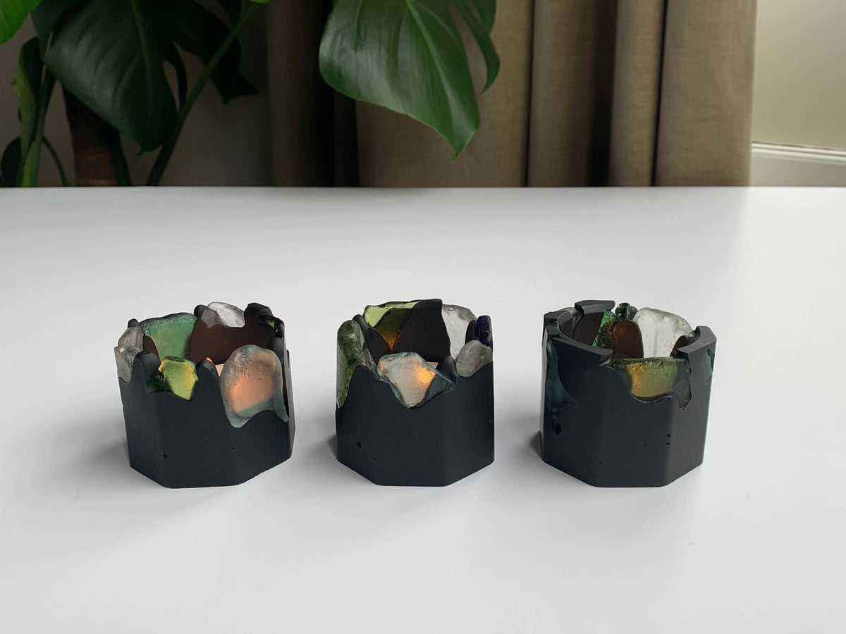 Sea glass candle holder, handcrafted Scottish jesmonite, Croft & Cleo