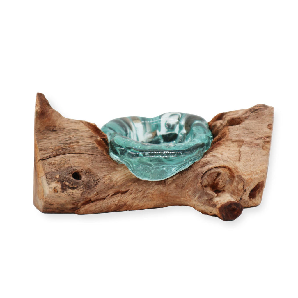 Recycled molten glass candle holder on natural wood — handcrafted organic form