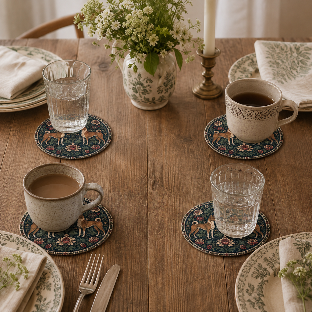 Basenji Dog William Morris Style Jesmonite Coasters – styled lifestyle photo, Croft & Cleo