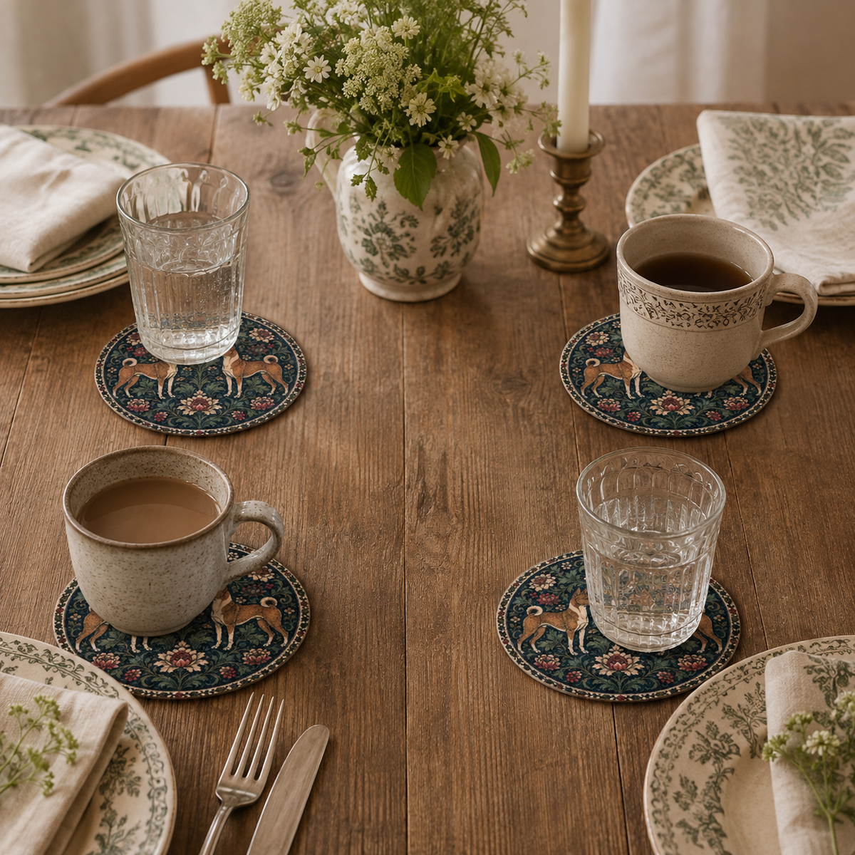 Basenji Dog William Morris Style Jesmonite Coasters – styled lifestyle photo, Croft & Cleo